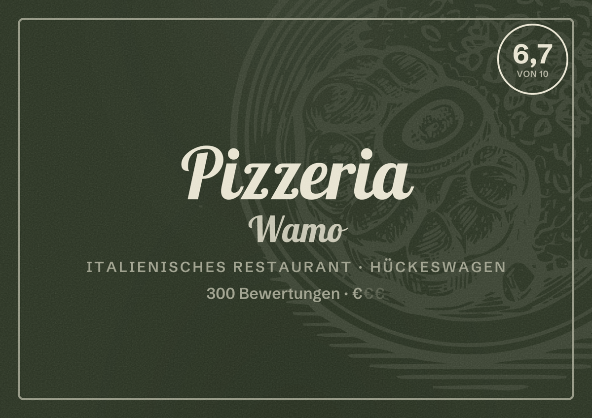 Illustriertes Poster von Pizzeria Wamo, Italienisches Restaurant in Hückeswagen: Bewertung 6,7 von 10 aus 300 Bewertungen, Preisniveau €