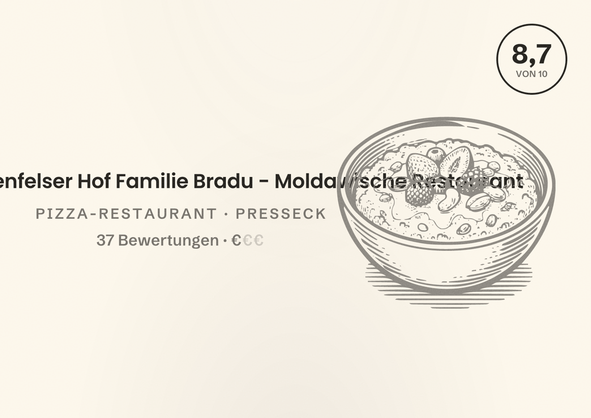 Illustriertes Poster von Pizzeria - Wartenfelser Hof Familie Bradu - Moldawische Restaurant, Pizza-Restaurant in Presseck: Bewertung 8,7 von 10 aus 37 Bewertungen, Preisniveau €