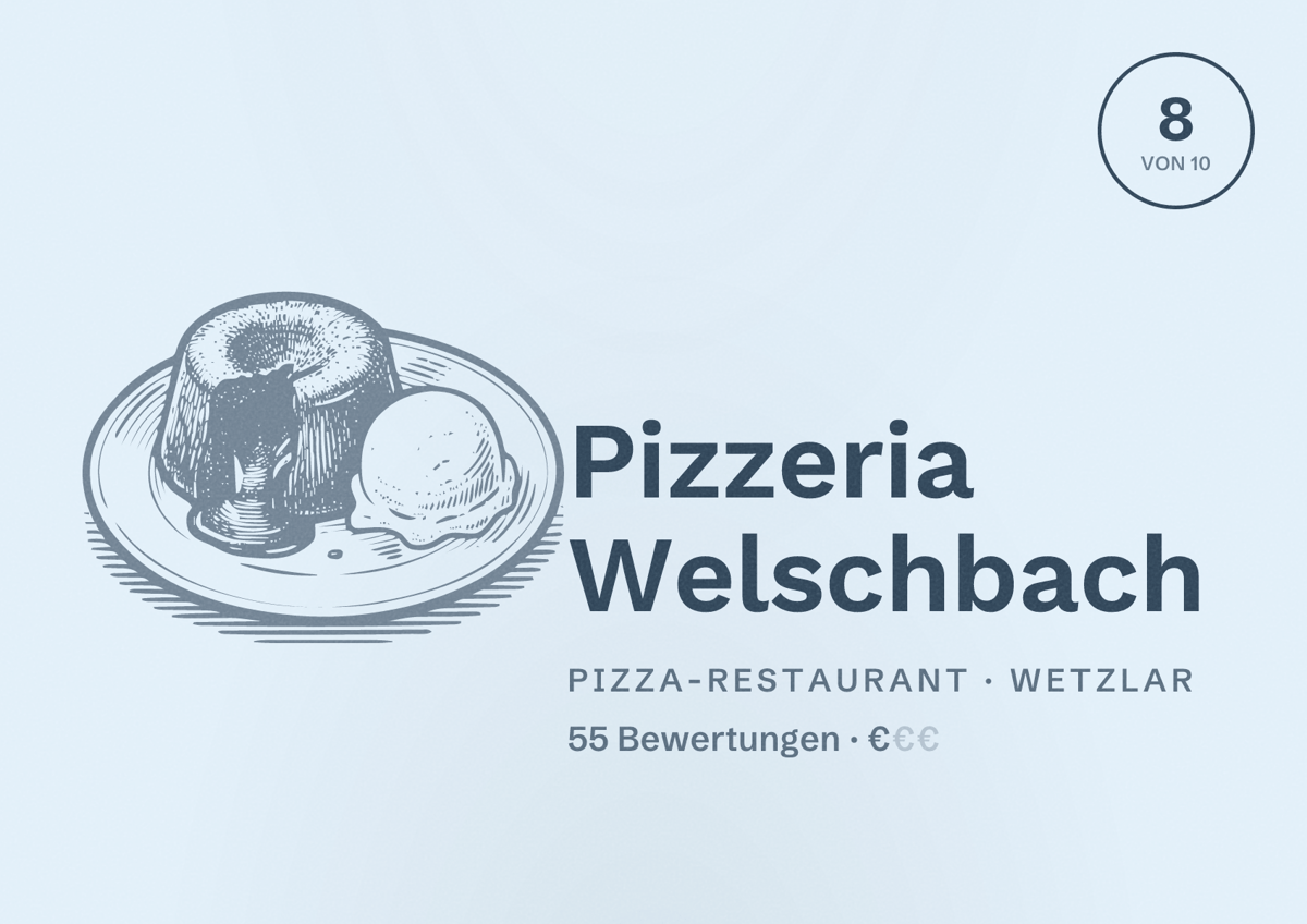 Illustriertes Poster von Pizzeria Welschbach, Pizza-Restaurant in Wetzlar: Bewertung 8 von 10 aus 55 Bewertungen, Preisniveau €