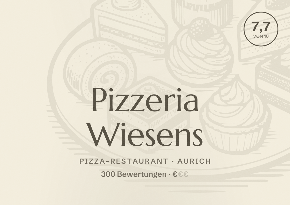 Illustriertes Poster von Pizzeria Wiesens, Pizza-Restaurant in Aurich: Bewertung 7,7 von 10 aus 300 Bewertungen, Preisniveau €