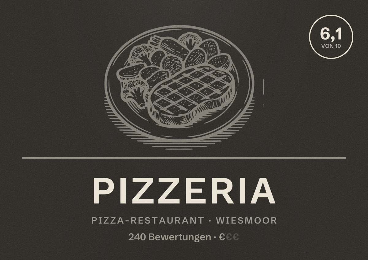Illustriertes Poster von Pizzeria, Pizza-Restaurant in Wiesmoor: Bewertung 6,1 von 10 aus 240 Bewertungen, Preisniveau €