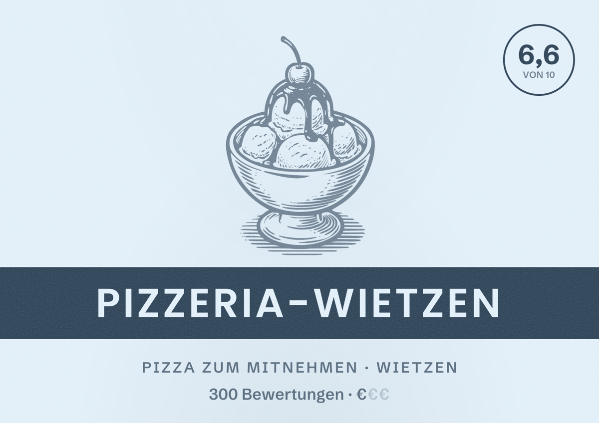 Illustriertes Poster von Pizzeria-Wietzen, Pizza zum Mitnehmen in Wietzen: Bewertung 6,6 von 10 aus 300 Bewertungen, Preisniveau €