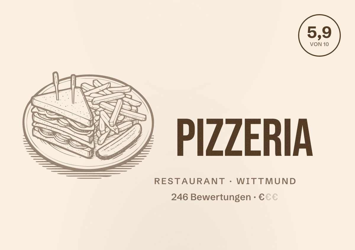 Illustriertes Poster von Pizzeria, Restaurant in Wittmund: Bewertung 5,9 von 10 aus 246 Bewertungen, Preisniveau €