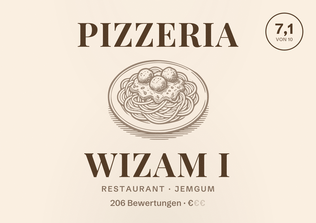 Illustriertes Poster von Pizzeria Wizam I, Restaurant in Jemgum: Bewertung 7,1 von 10 aus 206 Bewertungen, Preisniveau €