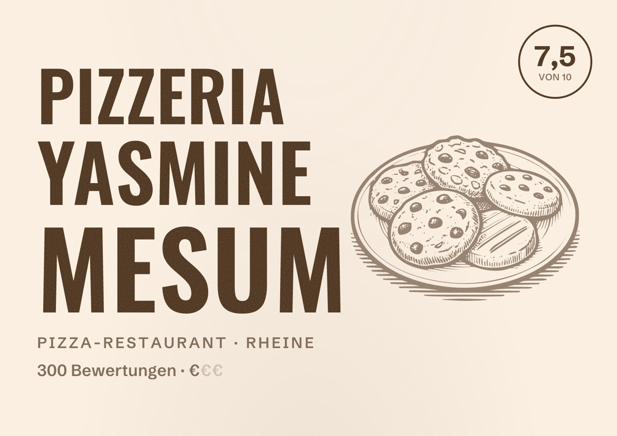 Illustriertes Poster von Pizzeria Yasmine Mesum, Pizza-Restaurant in Rheine: Bewertung 7,5 von 10 aus 300 Bewertungen, Preisniveau €