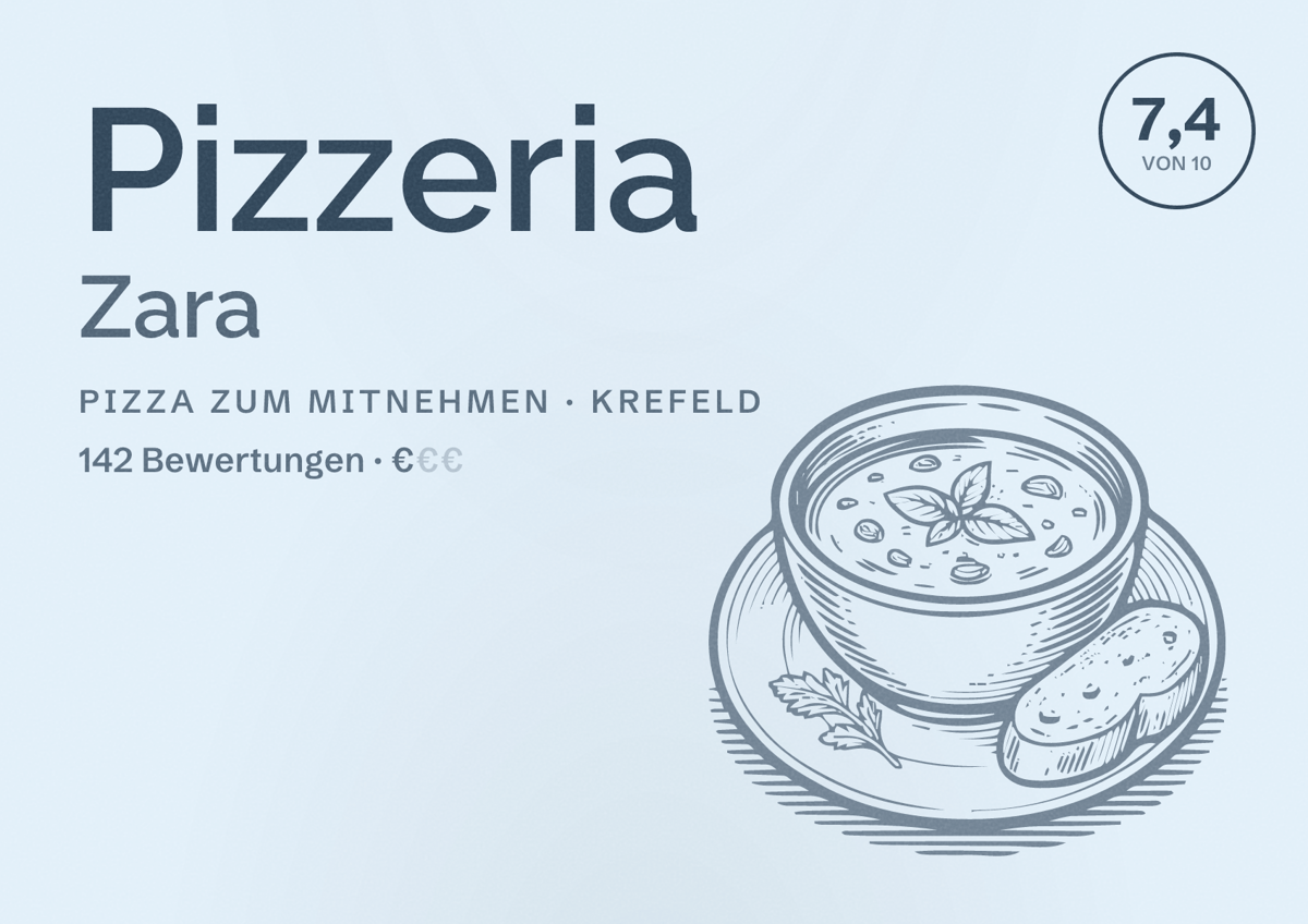 Illustriertes Poster von Pizzeria Zara, Pizza zum Mitnehmen in Krefeld: Bewertung 7,4 von 10 aus 142 Bewertungen, Preisniveau €