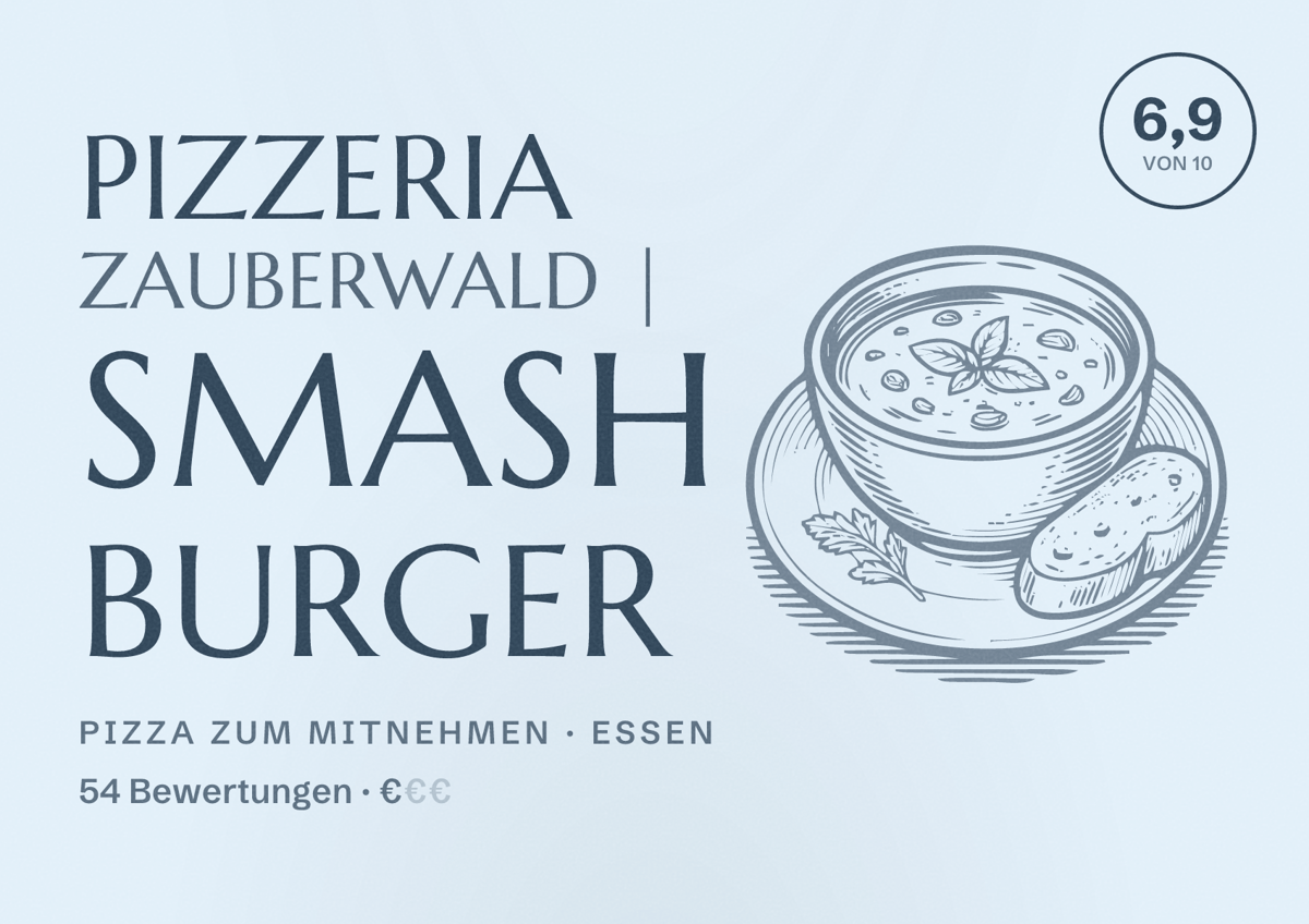 Illustriertes Poster von Pizzeria Zauberwald | Smash Burger, Pizza zum Mitnehmen in Essen: Bewertung 6,9 von 10 aus 54 Bewertungen, Preisniveau €