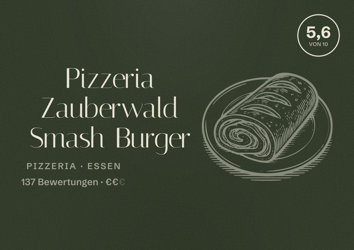 Illustriertes Poster von Pizzeria Zauberwald Smash Burger, Pizzeria in Essen: Bewertung 5,6 von 10 aus 137 Bewertungen, Preisniveau €€