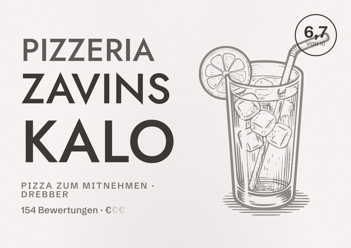 Illustriertes Poster von Pizzeria Zavins Kalo, Pizza zum Mitnehmen in Drebber: Bewertung 6,7 von 10 aus 154 Bewertungen, Preisniveau €