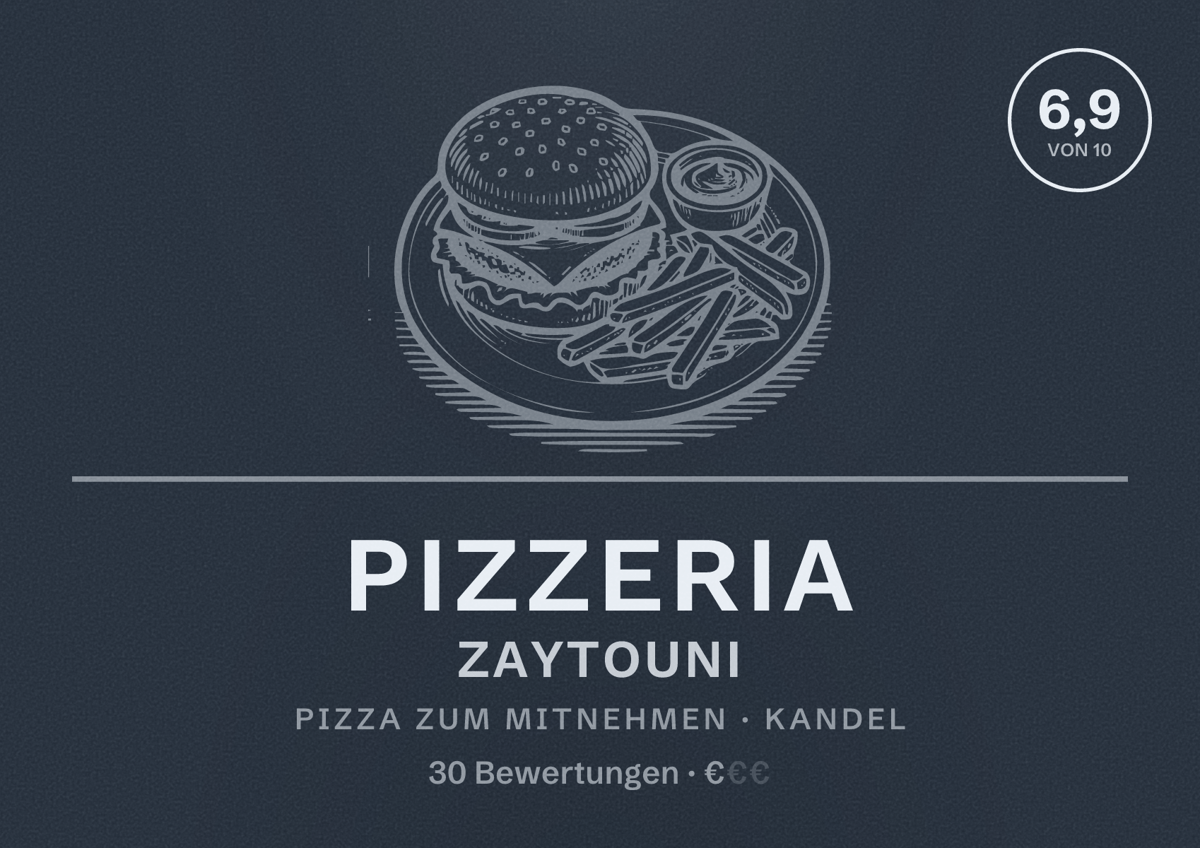 Illustriertes Poster von Pizzeria Zaytouni, Pizza zum Mitnehmen in Kandel: Bewertung 6,9 von 10 aus 30 Bewertungen, Preisniveau €