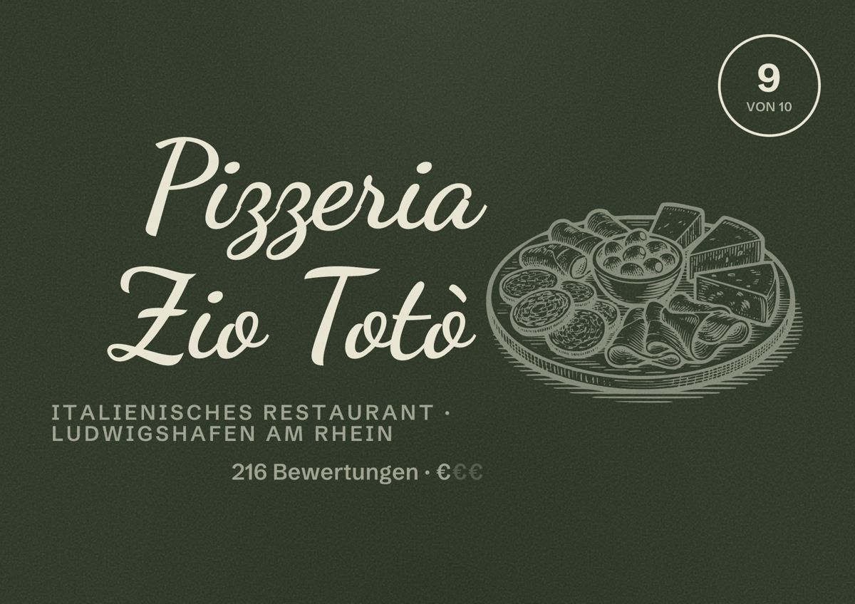 Illustriertes Poster von Pizzeria Zio Totò, Italienisches Restaurant in Ludwigshafen am Rhein: Bewertung 9 von 10 aus 216 Bewertungen, Preisniveau €