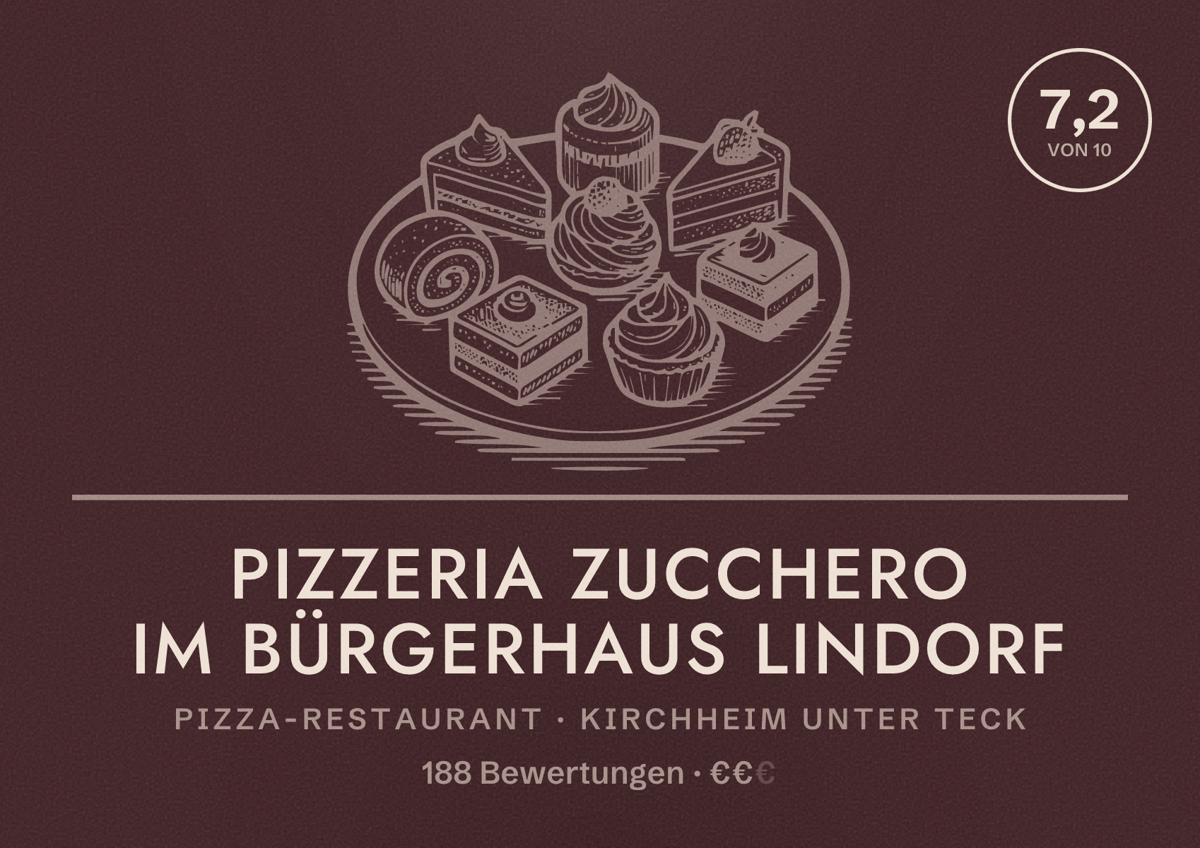 Illustriertes Poster von Pizzeria Zucchero im Bürgerhaus Lindorf, Pizza-Restaurant in Kirchheim unter Teck: Bewertung 7,2 von 10 aus 188 Bewertungen, Preisniveau €€