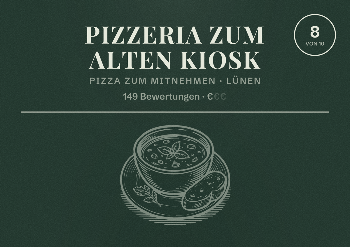 Illustriertes Poster von Pizzeria zum alten Kiosk, Pizza zum Mitnehmen in Lünen: Bewertung 8 von 10 aus 149 Bewertungen, Preisniveau €