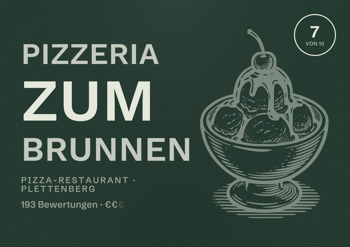 Illustriertes Poster von Pizzeria Zum Brunnen, Pizza-Restaurant in Plettenberg: Bewertung 7 von 10 aus 193 Bewertungen, Preisniveau €€