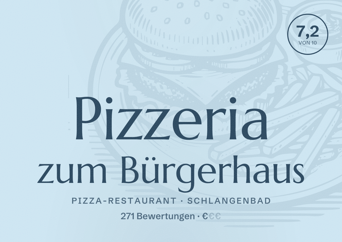 Illustriertes Poster von Pizzeria zum Bürgerhaus, Pizza-Restaurant in Schlangenbad: Bewertung 7,2 von 10 aus 271 Bewertungen, Preisniveau €