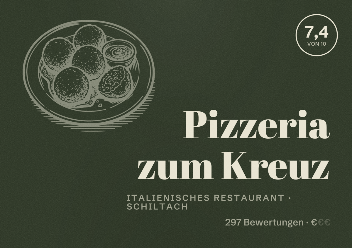 Illustriertes Poster von Pizzeria zum Kreuz, Italienisches Restaurant in Schiltach: Bewertung 7,4 von 10 aus 297 Bewertungen, Preisniveau €
