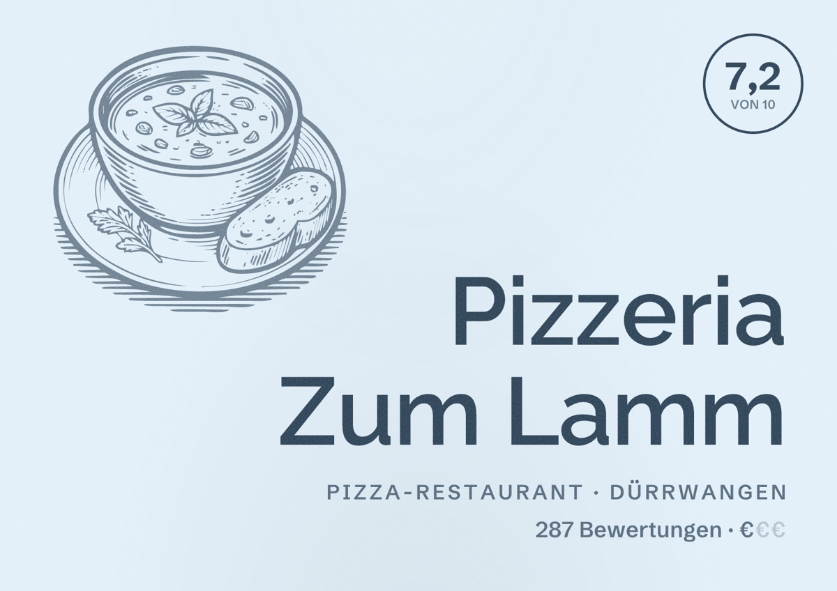 Illustriertes Poster von Pizzeria Zum Lamm, Pizza-Restaurant in Dürrwangen: Bewertung 7,2 von 10 aus 287 Bewertungen, Preisniveau €