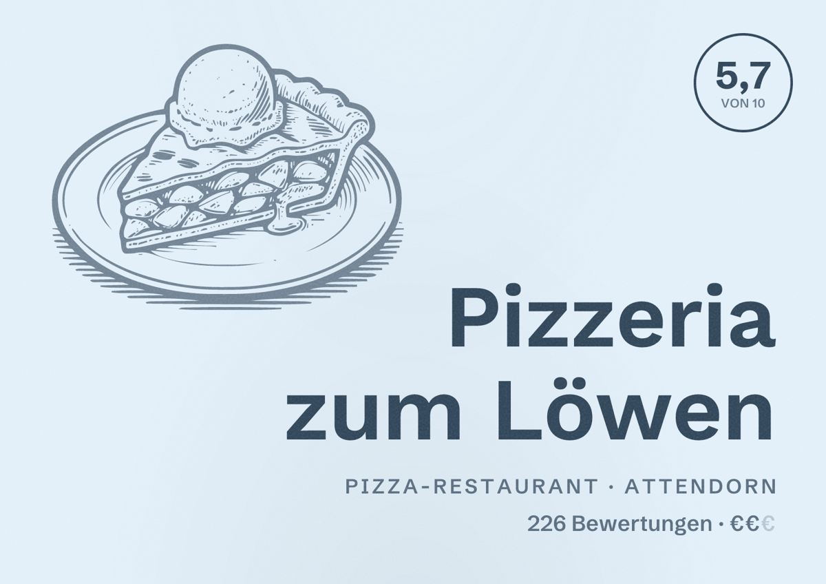 Illustriertes Poster von Pizzeria zum Löwen, Pizza-Restaurant in Attendorn: Bewertung 5,7 von 10 aus 226 Bewertungen, Preisniveau €€