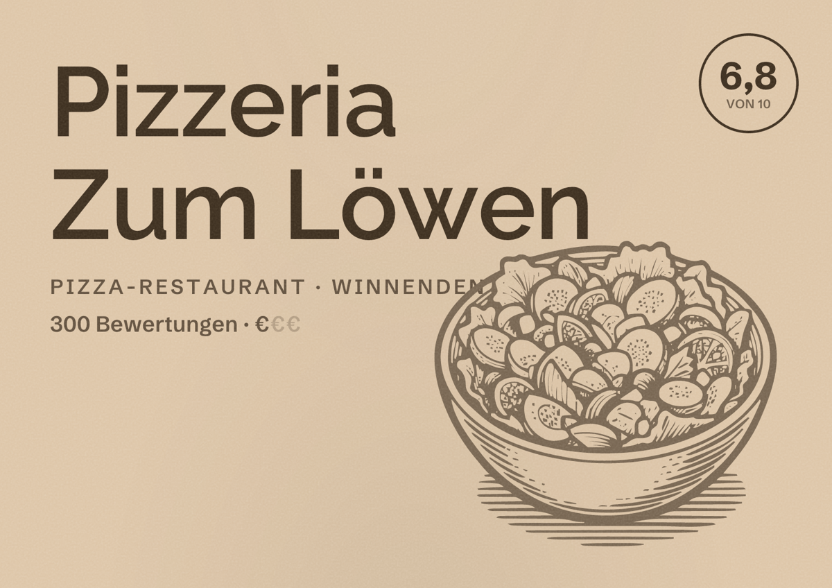 Illustriertes Poster von Pizzeria Zum Löwen, Pizza-Restaurant in Winnenden: Bewertung 6,8 von 10 aus 300 Bewertungen, Preisniveau €