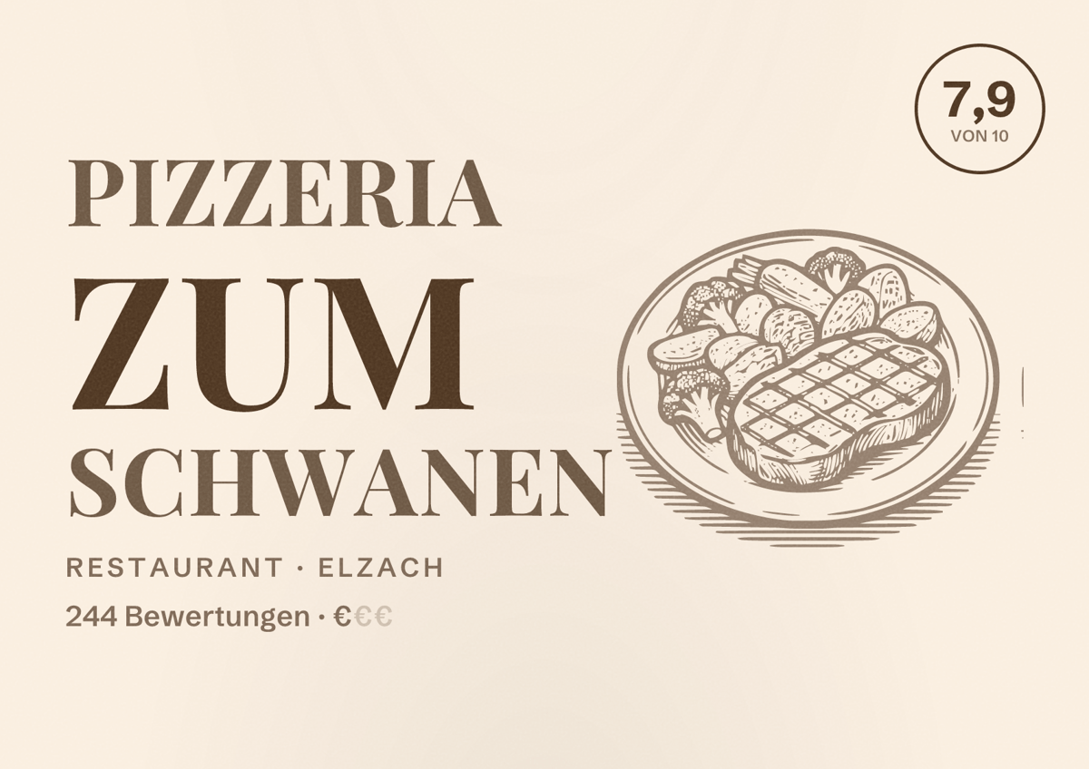 Illustriertes Poster von Pizzeria Zum Schwanen, Restaurant in Elzach: Bewertung 7,9 von 10 aus 244 Bewertungen, Preisniveau €
