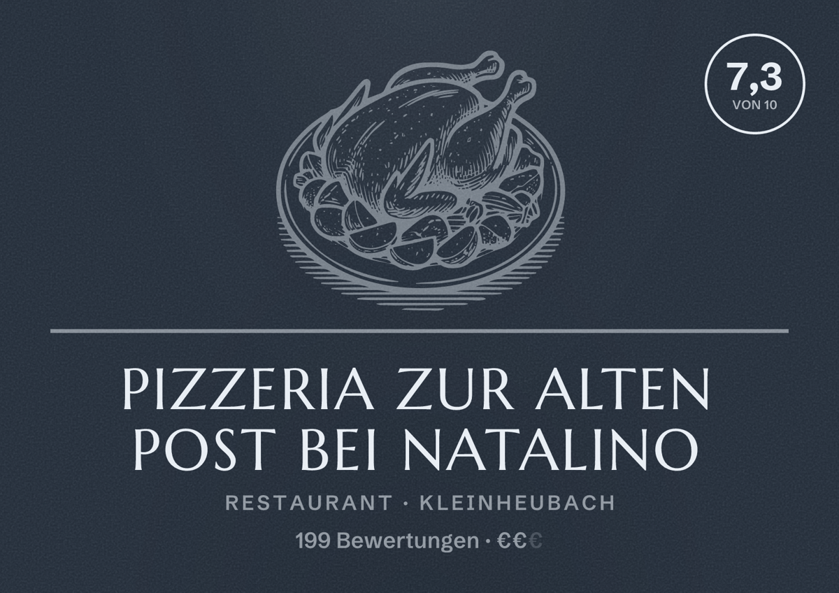 Illustriertes Poster von Pizzeria Zur Alten Post bei NATALINO, Restaurant in Kleinheubach: Bewertung 7,3 von 10 aus 199 Bewertungen, Preisniveau €€