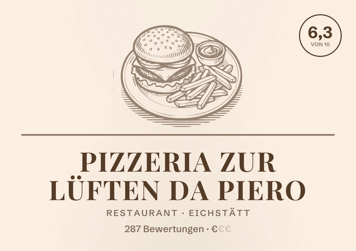 Illustriertes Poster von Pizzeria zur Lüften da Piero, Restaurant in Eichstätt: Bewertung 6,3 von 10 aus 287 Bewertungen, Preisniveau €