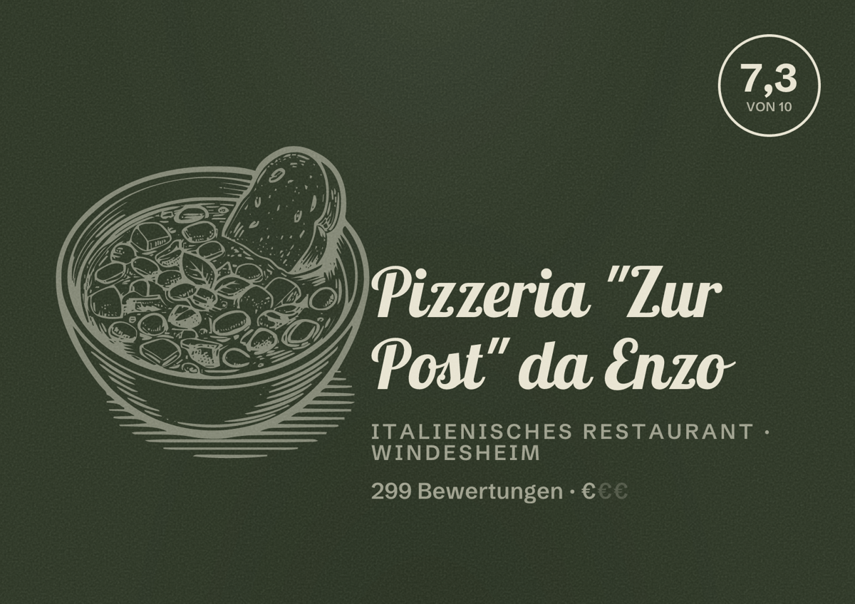 Illustriertes Poster von Pizzeria "Zur Post" da Enzo, Italienisches Restaurant in Windesheim: Bewertung 7,3 von 10 aus 299 Bewertungen, Preisniveau €