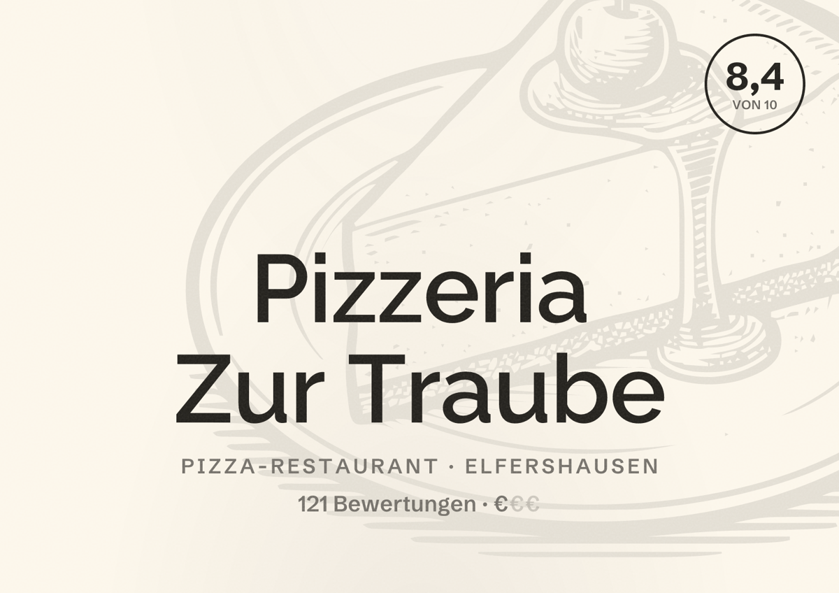 Illustriertes Poster von Pizzeria Zur Traube, Pizza-Restaurant in Elfershausen: Bewertung 8,4 von 10 aus 121 Bewertungen, Preisniveau €