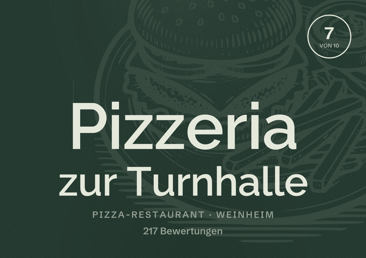 Illustriertes Poster von Pizzeria zur Turnhalle, Pizza-Restaurant in Weinheim: Bewertung 7 von 10 aus 217 Bewertungen