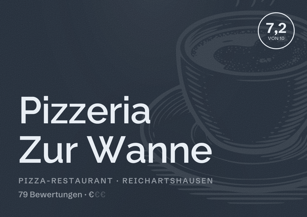 Illustriertes Poster von Pizzeria Zur Wanne, Pizza-Restaurant in Reichartshausen: Bewertung 7,2 von 10 aus 79 Bewertungen, Preisniveau €