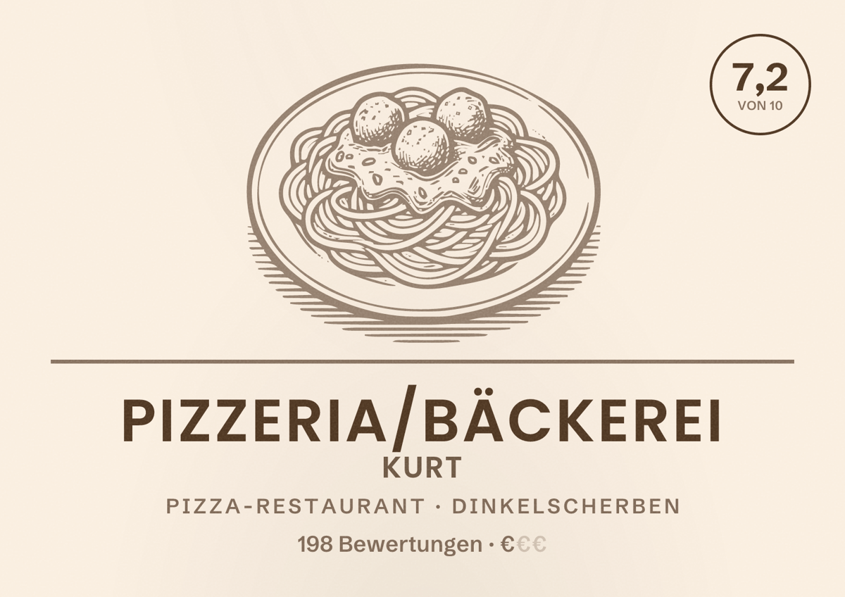 Illustriertes Poster von Pizzeria/Bäckerei Kurt, Pizza-Restaurant in Dinkelscherben: Bewertung 7,2 von 10 aus 198 Bewertungen, Preisniveau €