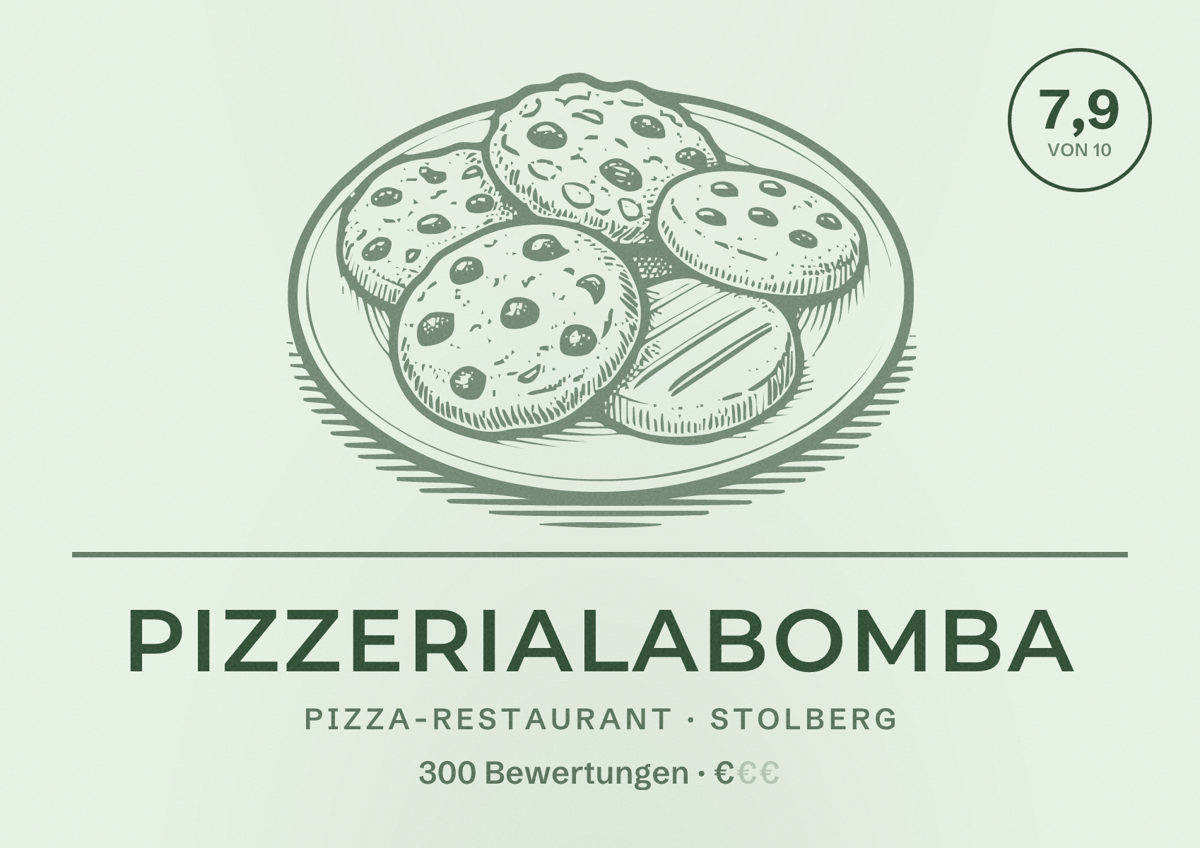 Illustriertes Poster von Pizzerialabomba, Pizza-Restaurant in Stolberg: Bewertung 7,9 von 10 aus 300 Bewertungen, Preisniveau €