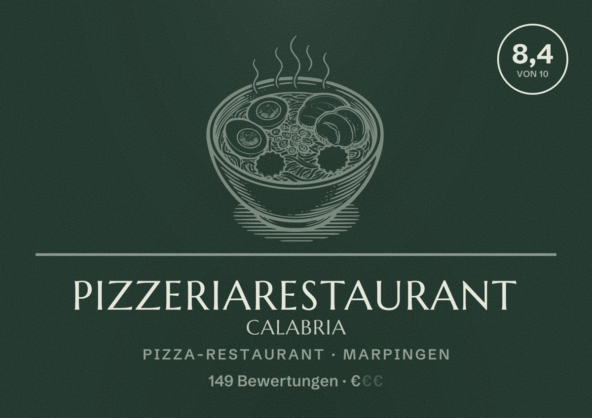 Illustriertes Poster von PizzeriaRestaurant Calabria, Pizza-Restaurant in Marpingen: Bewertung 8,4 von 10 aus 149 Bewertungen, Preisniveau €