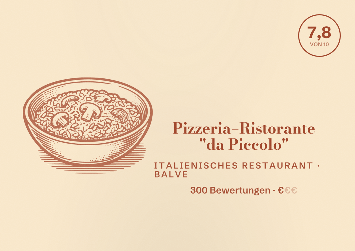 Illustriertes Poster von Pizzeria–Ristorante "da Piccolo", Italienisches Restaurant in Balve: Bewertung 7,8 von 10 aus 300 Bewertungen, Preisniveau €
