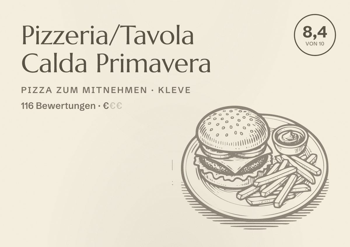 Illustriertes Poster von Pizzeria/Tavola Calda Primavera, Pizza zum Mitnehmen in Kleve: Bewertung 8,4 von 10 aus 116 Bewertungen, Preisniveau €