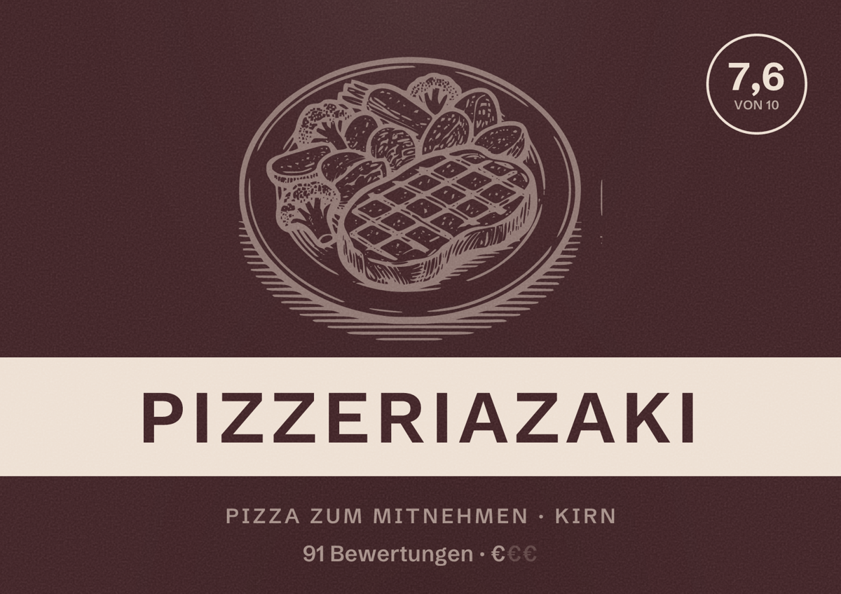 Illustriertes Poster von Pizzeriazaki, Pizza zum Mitnehmen in Kirn: Bewertung 7,6 von 10 aus 91 Bewertungen, Preisniveau €