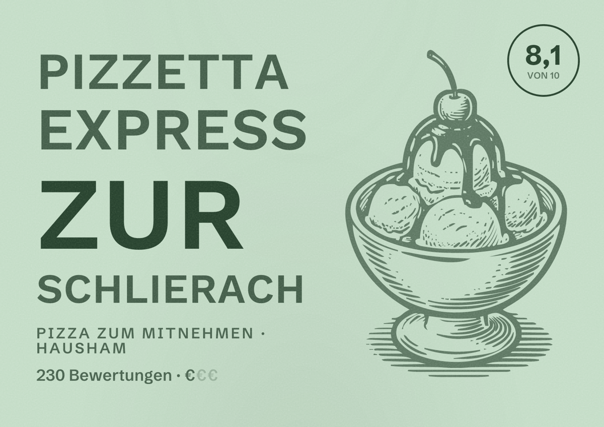 Illustriertes Poster von Pizzetta Express Zur Schlierach, Pizza zum Mitnehmen in Hausham: Bewertung 8,1 von 10 aus 230 Bewertungen, Preisniveau €