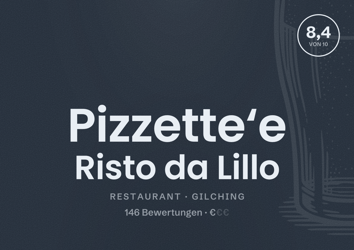 Illustriertes Poster von Pizzette‘e Risto da Lillo, Restaurant in Gilching: Bewertung 8,4 von 10 aus 146 Bewertungen, Preisniveau €