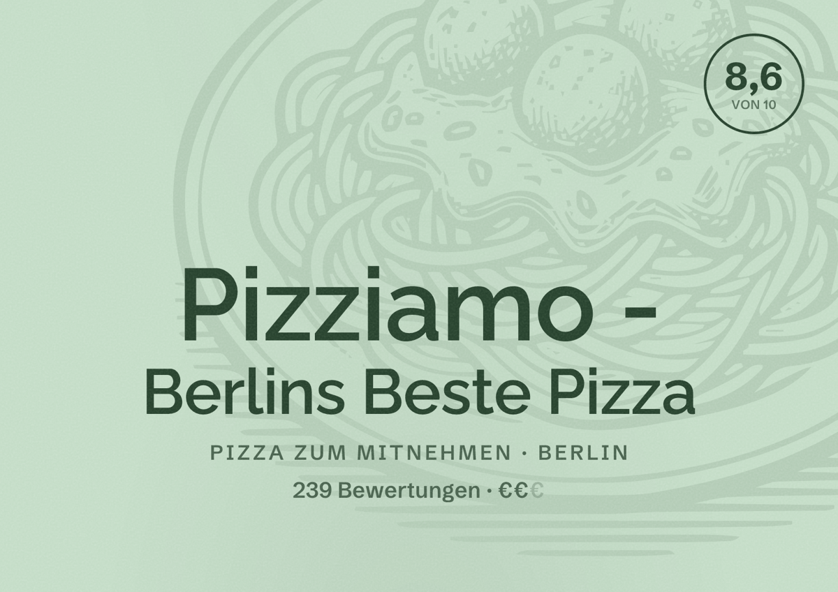 Illustriertes Poster von Pizziamo - Berlins Beste Pizza, Pizza zum Mitnehmen in Berlin: Bewertung 8,6 von 10 aus 239 Bewertungen, Preisniveau €€