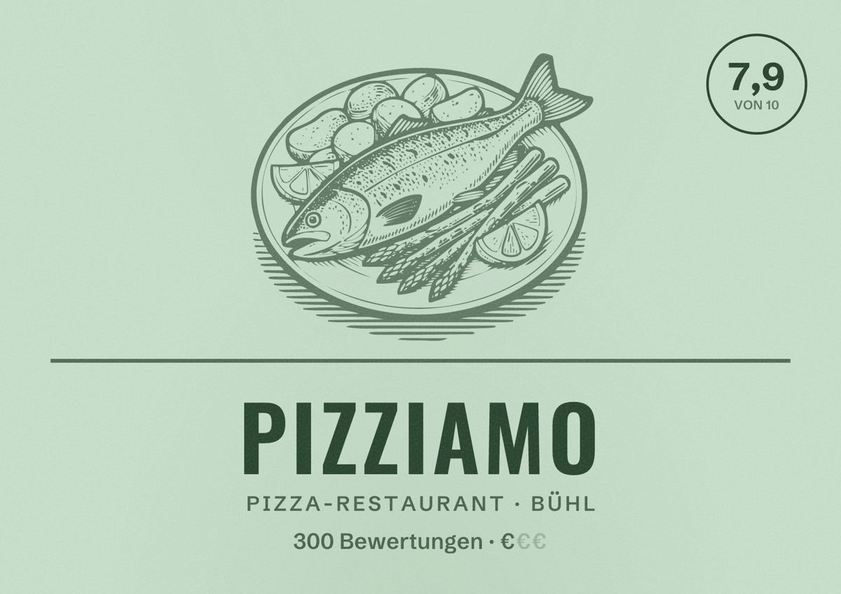 Illustriertes Poster von Pizziamo, Pizza-Restaurant in Bühl: Bewertung 7,9 von 10 aus 300 Bewertungen, Preisniveau €