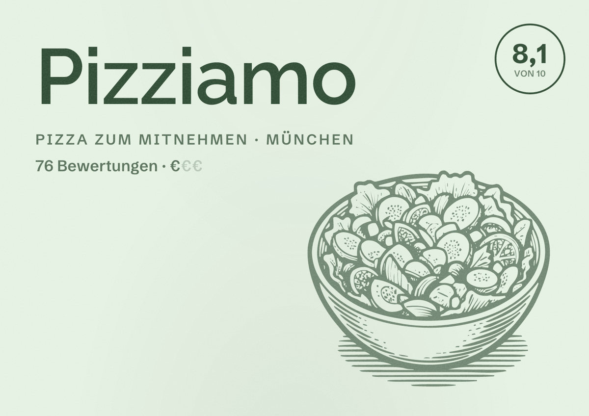 Illustriertes Poster von Pizziamo, Pizza zum Mitnehmen in München: Bewertung 8,1 von 10 aus 76 Bewertungen, Preisniveau €