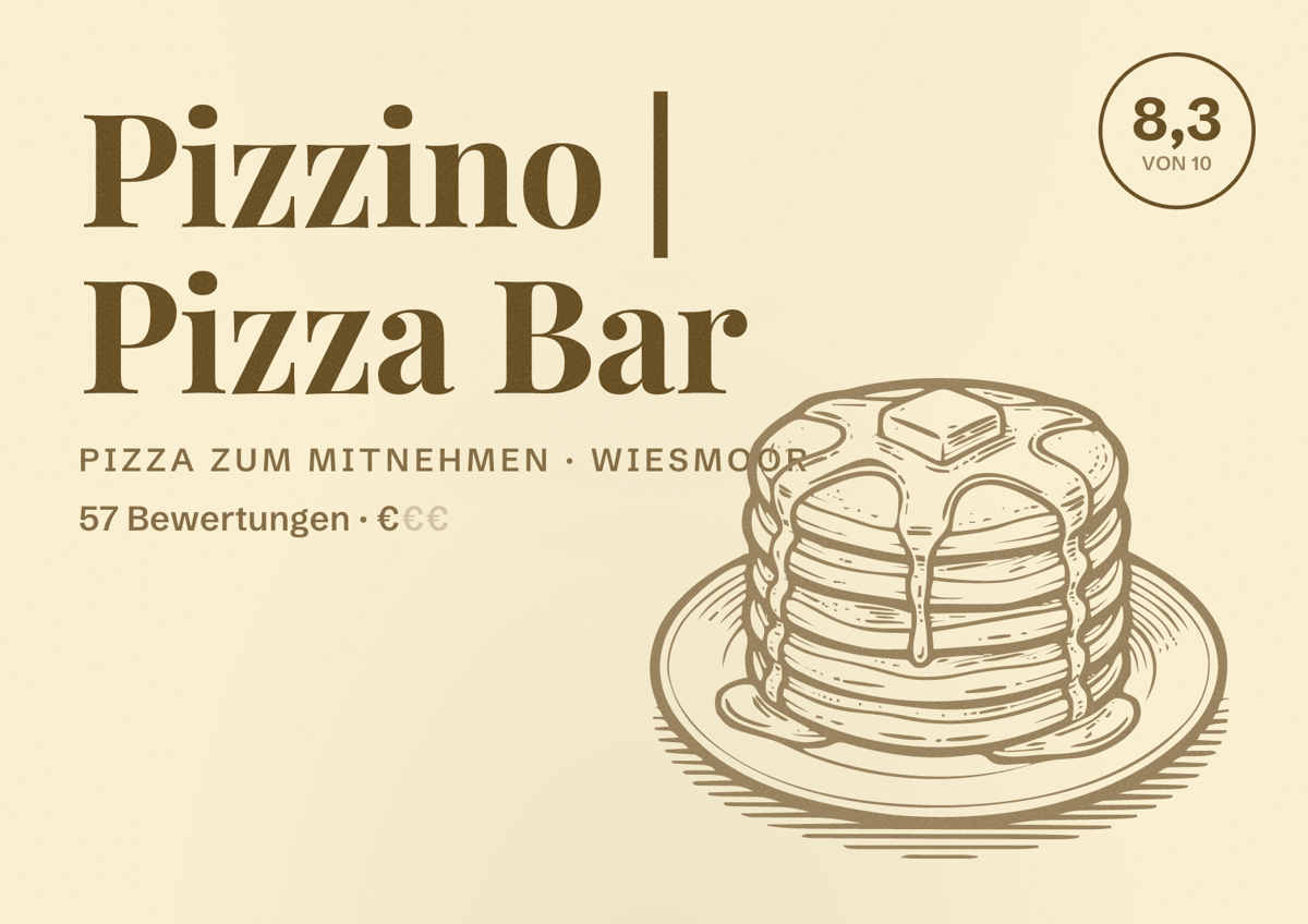 Illustriertes Poster von Pizzino | Pizza Bar, Pizza zum Mitnehmen in Wiesmoor: Bewertung 8,3 von 10 aus 57 Bewertungen, Preisniveau €