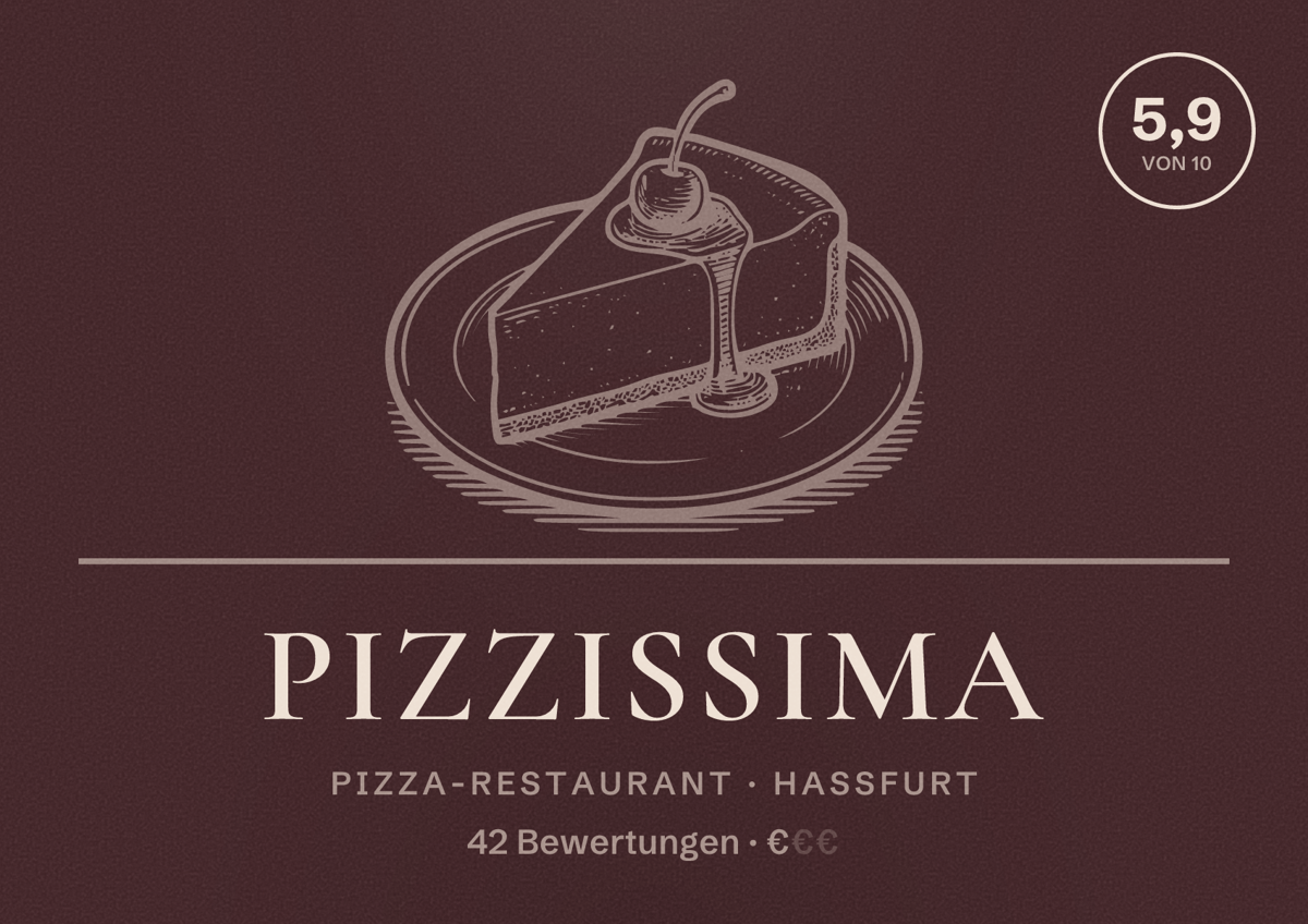 Illustriertes Poster von Pizzissima, Pizza-Restaurant in Haßfurt: Bewertung 5,9 von 10 aus 42 Bewertungen, Preisniveau €