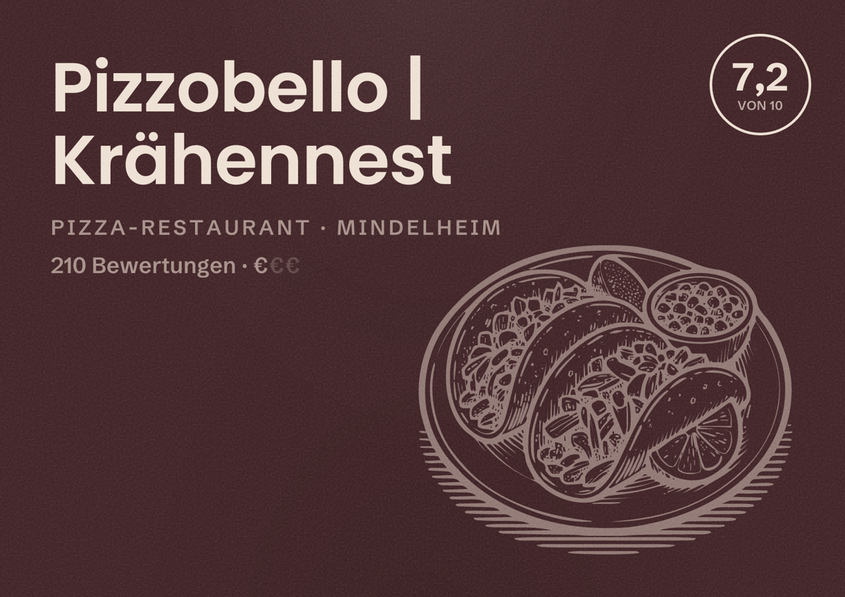 Illustriertes Poster von Pizzobello | Krähennest, Pizza-Restaurant in Mindelheim: Bewertung 7,2 von 10 aus 210 Bewertungen, Preisniveau €