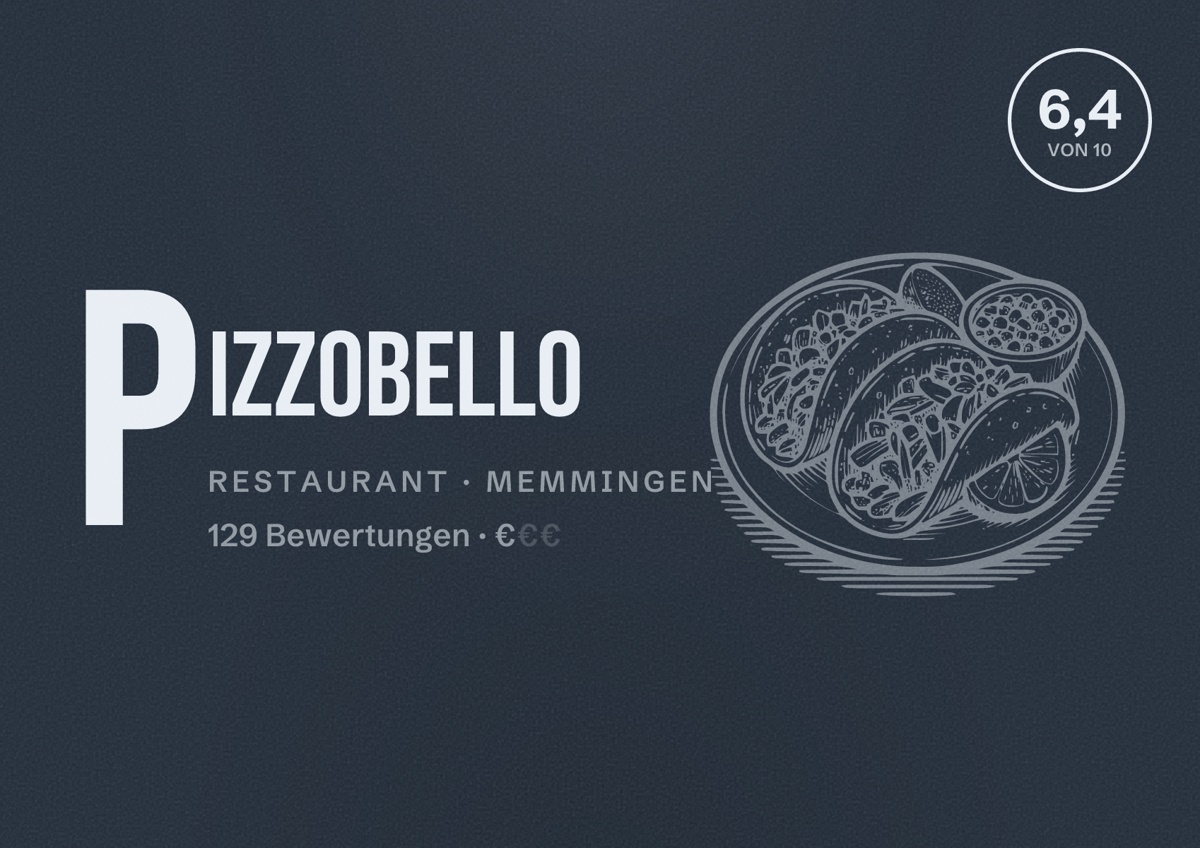 Illustriertes Poster von Pizzobello, Restaurant in Memmingen: Bewertung 6,4 von 10 aus 129 Bewertungen, Preisniveau €