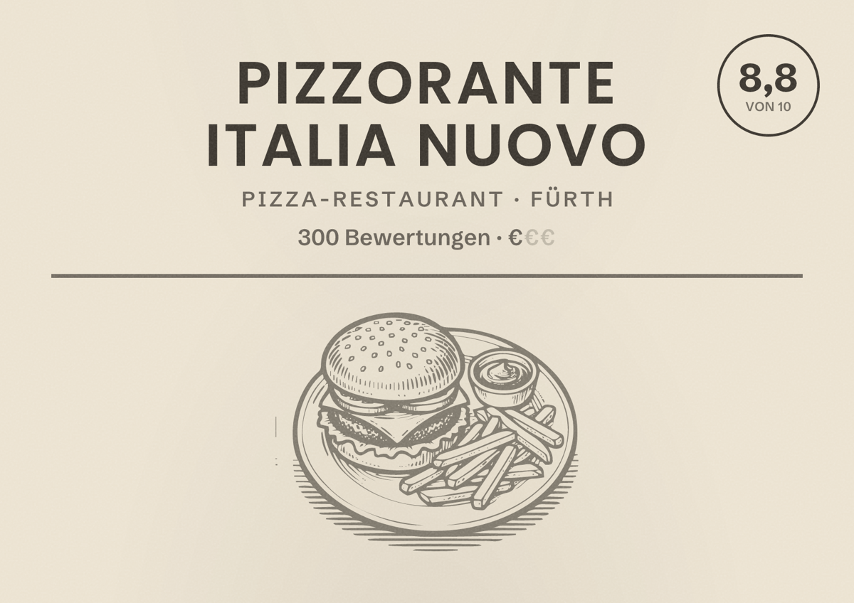 Illustriertes Poster von Pizzorante Italia nuovo, Pizza-Restaurant in Fürth: Bewertung 8,8 von 10 aus 300 Bewertungen, Preisniveau €