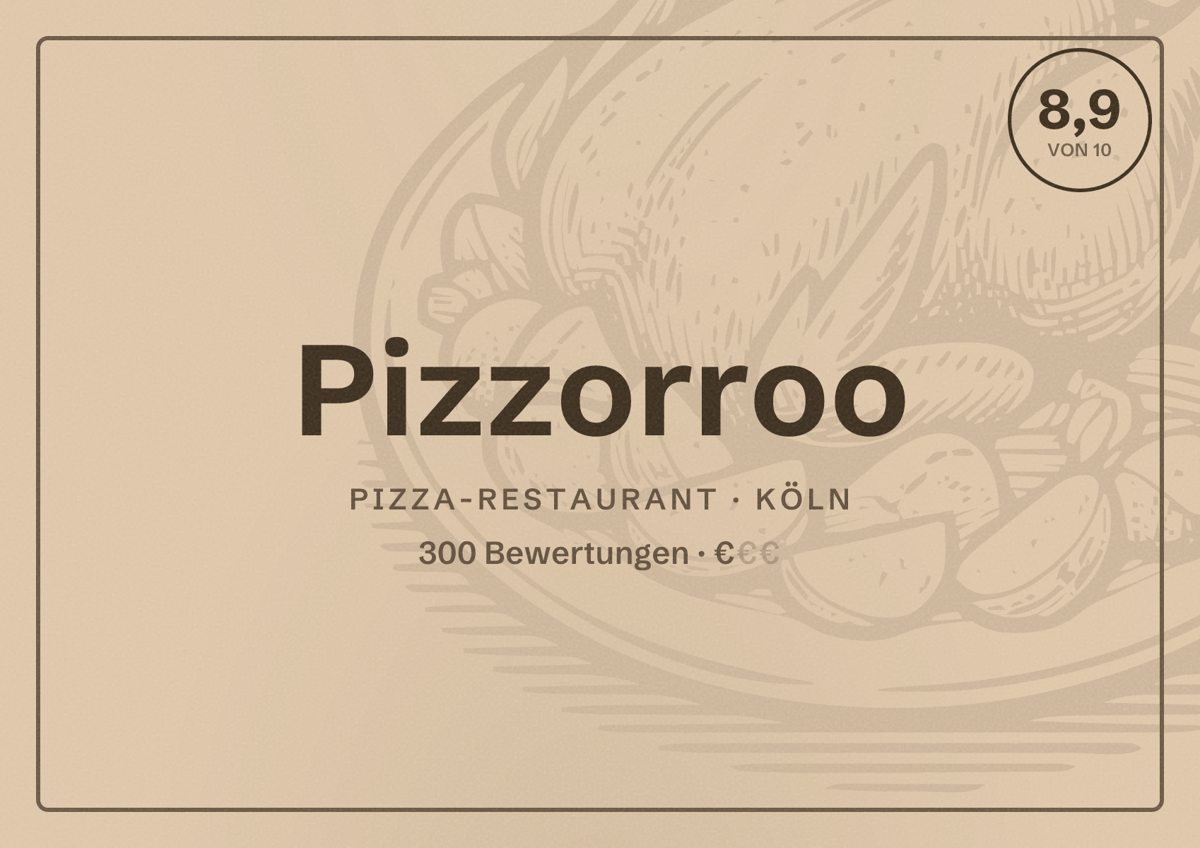 Illustriertes Poster von Pizzorroo, Pizza-Restaurant in Köln: Bewertung 8,9 von 10 aus 300 Bewertungen, Preisniveau €