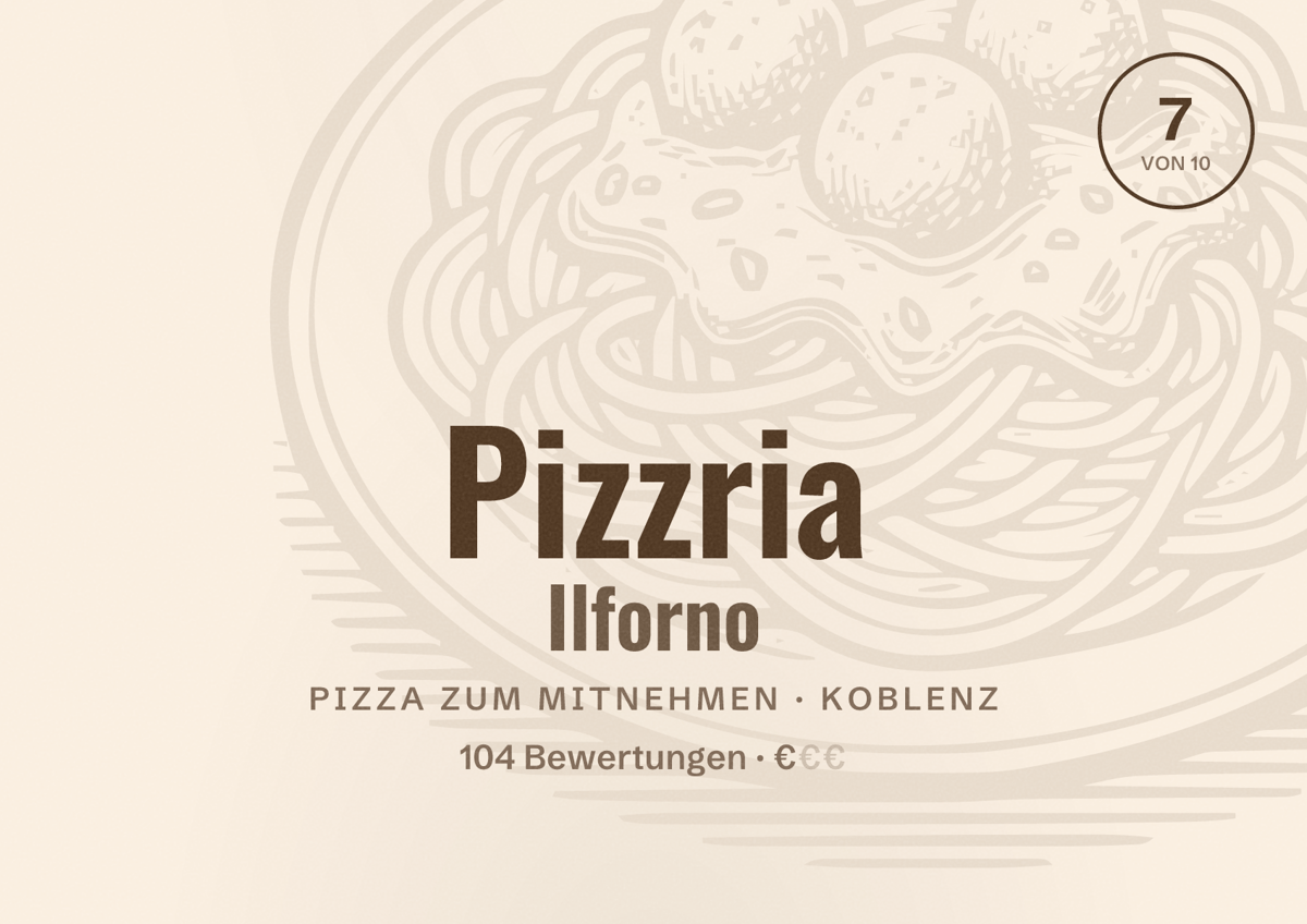 Illustriertes Poster von Pizzria Ilforno, Pizza zum Mitnehmen in Koblenz: Bewertung 7 von 10 aus 104 Bewertungen, Preisniveau €