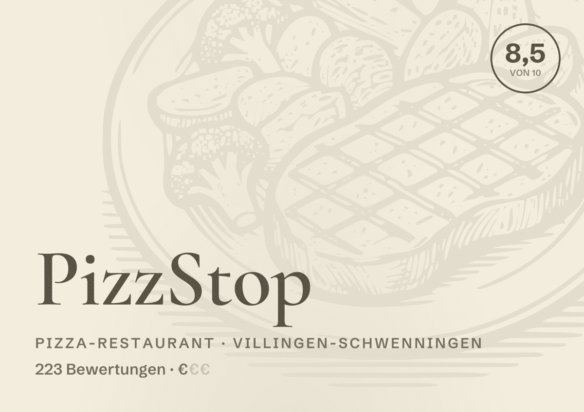 Illustriertes Poster von PizzStop, Pizza-Restaurant in Villingen-Schwenningen: Bewertung 8,5 von 10 aus 223 Bewertungen, Preisniveau €