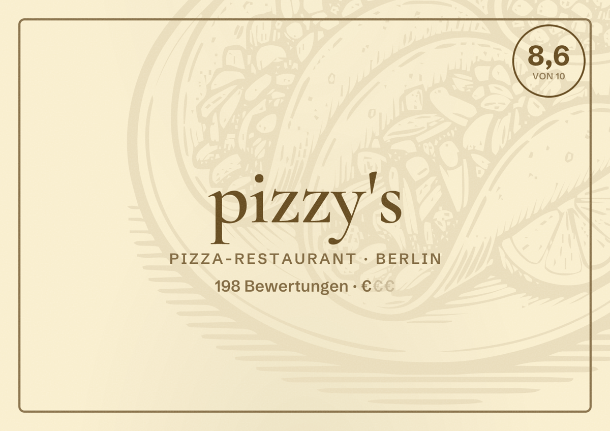 Illustriertes Poster von pizzy's, Pizza-Restaurant in Berlin: Bewertung 8,6 von 10 aus 198 Bewertungen, Preisniveau €